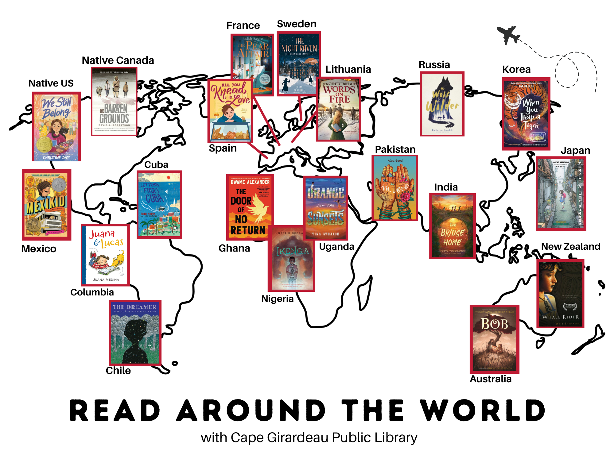world map with book covers for each country