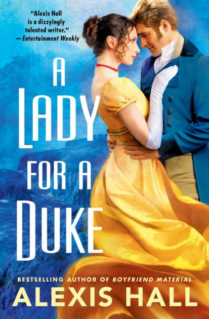 a woman in a golden yellow dress stands next to a handsome duke in a blue suit