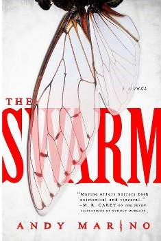 White cover with the title "the Swarm" in giant red letters. Half of a cicada body with its wing outstretched stretches across the cover from the top to the bottom 