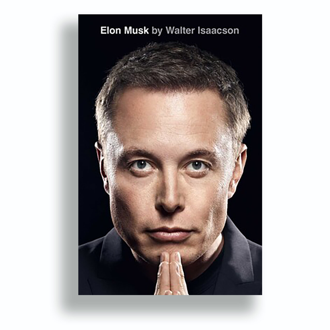 Elon Musk faces the reader with his hands together in contemplation against a black background.