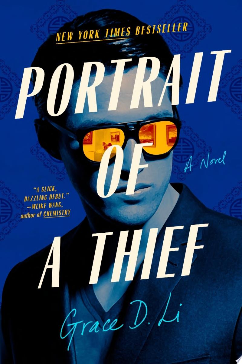 A dark blue background features the image of an attractive male figure wearing orange reflective glasses. The title "Portrait of a Thief" stretches across his face.