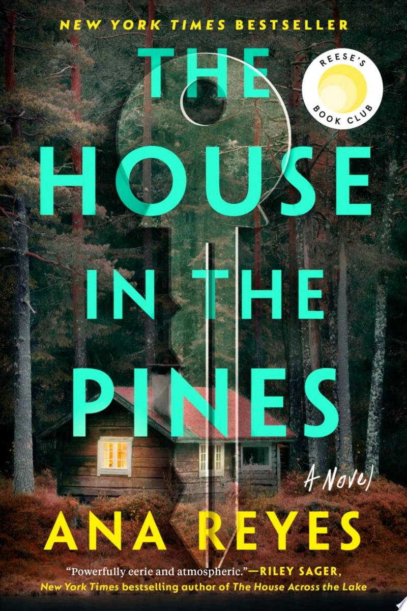 The cover features a cabin in the woods. Imposed over this is the image of a giant house key. The key is patterned with the same images as the cover so that it sort of blends in with the surroundings. The title "The House In The Pines" is in an seafoam green font and the author's name is in yellow.