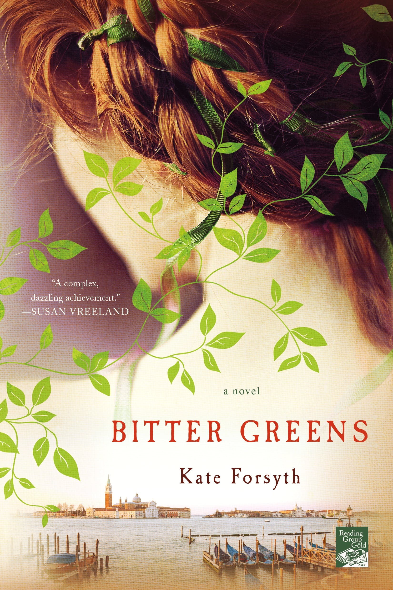 The cover features the head and shoulders of a red haired woman facing away from the reader. Green vines stretch across the cover from the right to the left. At the bottom, as the shoulders fade into horizon, is a harbor with a few boats and a sea town in the background.