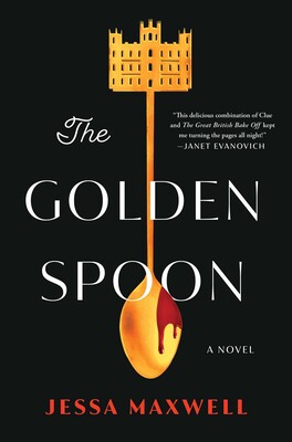 Black background features a giant bloody golden spoon on the cover. The top of the spoon is an English looking mansion.