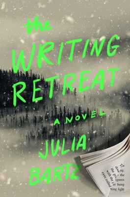Grey snowy background with a pine forest in the back and at the bottom corner the flipping of book pages