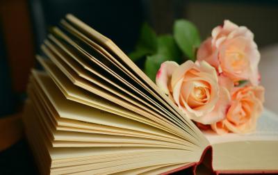 Open book with roses between its pages