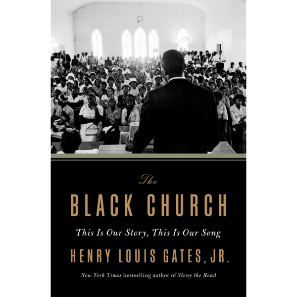 A black and white photo of an all black congregation is shown from the preacher's perspective. The bottom of the cover is solid black with the title and the author's name in gold lettering.