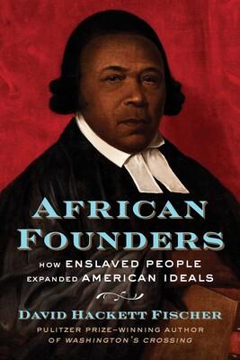 Red background features a black individual from the founding of America. He is dressed in a black suit with a white collar and his hair is curled near his ears. The title "African Founders" is in a light blue font.