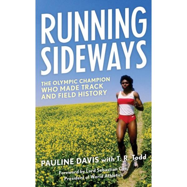 Blue skies meet a green filed on this cover featuring a black individual running. "Running Sideways" the title is in white font along with the author's name. The subtitle is in yellow font against the blue sky.