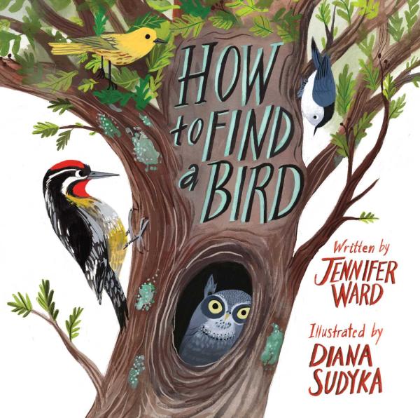 An artistic rendering of a tree with a gray owl peeking from a hole in the trunk, a redheaded wood pecker to the left, and various other kinds of birds in the branches and leaves of the tree. 