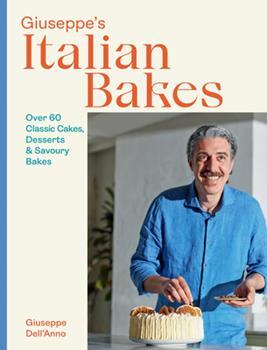 Giuseppe stands on the front cover looking out while decorating an orange cake.