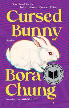 A purple striped background features an out of focus white bunny on the cover.