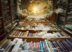 An imaginary sky full of clouds and birds overlays vertical shelves of books.