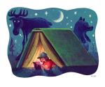 child reading under a book tent at night