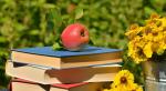 A red apple sits atop a pile of books next to a pail of black eyed susans with green leaves in the background.
